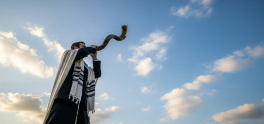 Ein Mann in traditioneller Kleidung bläst ein Schofar. Der Himmel im Hintergrund ist blau mit weißen Wolken. Es könnte die letzte Posaune zur Entrückung der Christen sein.